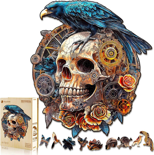 KAAYEE Wooden Puzzles for Adults, 3D Visual Effect Raven & Mechanical Skull Wooden Jigsaw Puzzle Unique Shape Wood Puzzle Adult, 3D Effect Flat Puzzle Birthday Family Games (S-8.5 * 7.5in-95pcs)