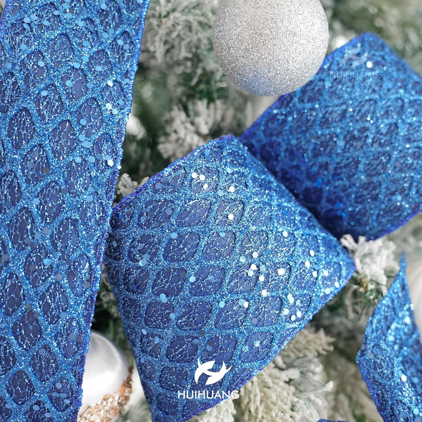 HUIHUANG Navy Blue Wired Christmas Ribbon 4 inch Navy Glitter Wired Ribbon Diamond Mesh Wire Ribbon for X-mas Tree Decorations, Wreaths, Garland, Large Bows Making, Home Decor -10 Yards