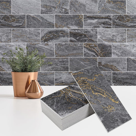 100 Pieces Peel and Stick Backsplash for Kitchen, 3" x 6" PVC Subway Tile 2025 Upgraded Gray-Gold Stone Backsplash Stick on Tile Elevate Kitchen Fireplace RV