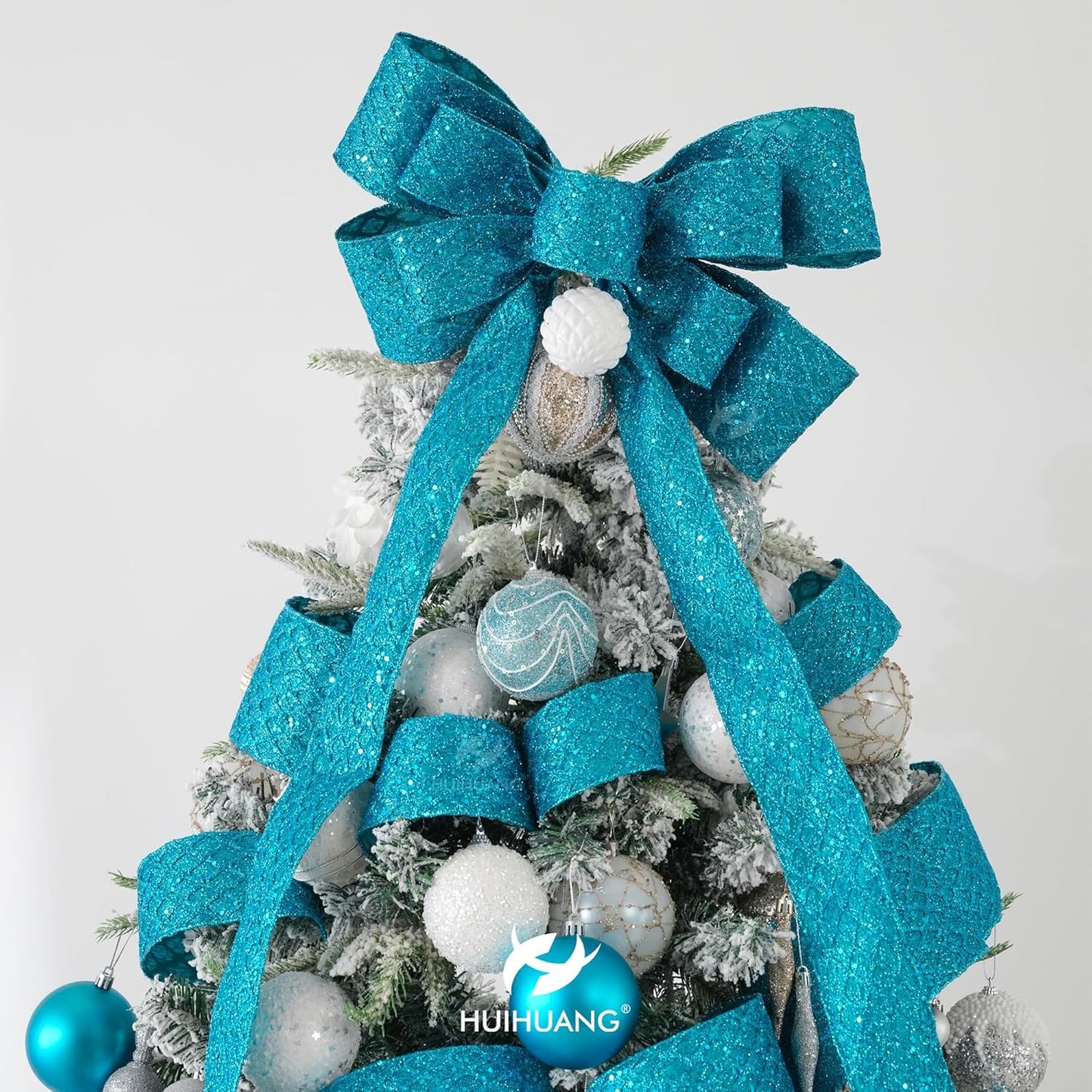 HUIHUANG Turquoise Glitter Wired Ribbon 4 inch Teal Christmas Tree Ribbon Diamond Mesh Wire Ribbon for Tree Decorations, Wreaths, Garland, Large Bows Making, Home Decor -10 Yards