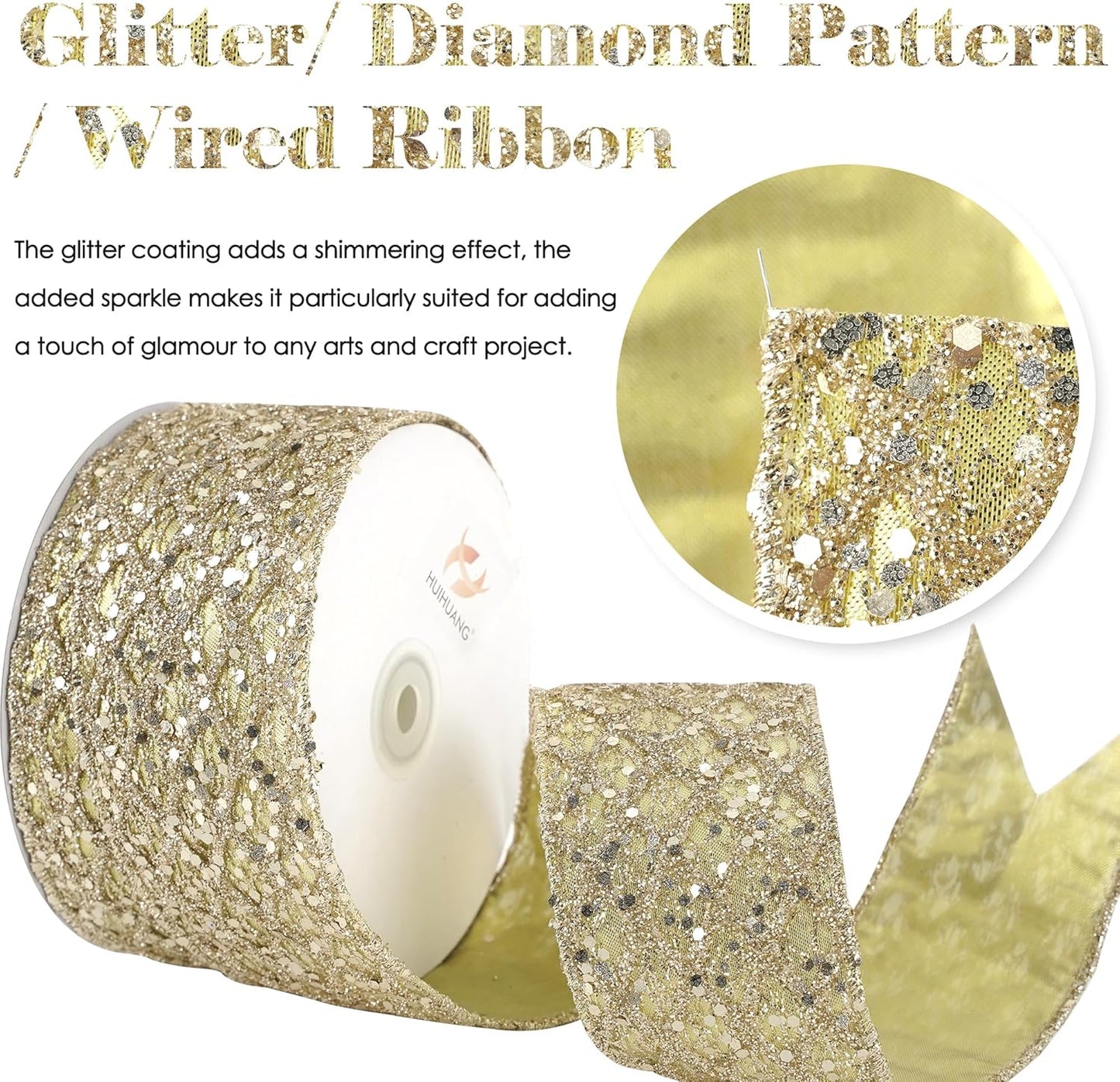 HUIHUANG Champagne Glitter Wired Ribbon for Christmas Tree 2.5 inch Champagne Gold Diamond Mesh Ribbon for Tree Decoration, Wreaths, Garland, Gift Wrapping, Bows Making, Home Decor -10 Yards