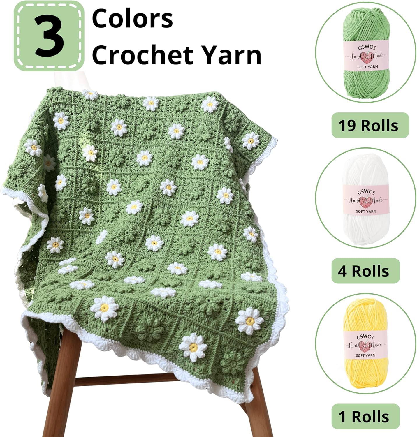 CSWCS Crochet Blanket Kit for Beginners, Daisy Granny Square Throw Kit for Adults, Easy Learn How to Knitting with Yarn & Hook, Complete Starter Set with Step-by-Step Instructions (39" x 31")