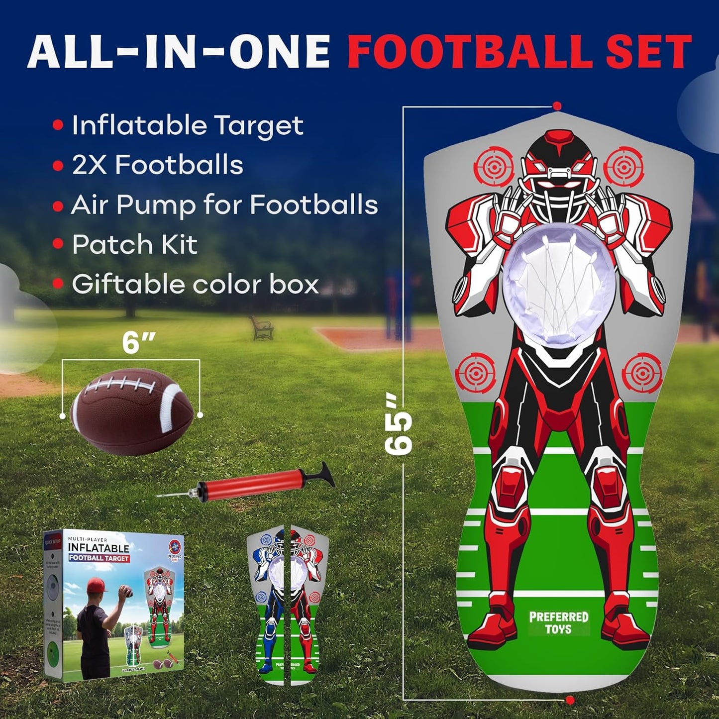 Inflatable Football Target - Double-Sided Toss Training Game with Mini Footballs - Fun Kids Throwing Football Games for Indoors, Outdoors, Birthdays, Camping, Beach - 65 Inch