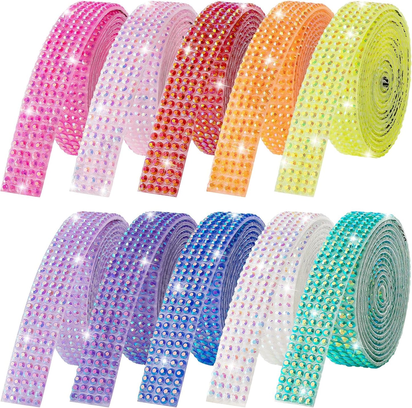 10-Yard Bedazzling Strips, 5-Rows Rhinestone Ribbon Self Adhesive,10-Rolls Rhinestone Strips for DIY Craft, Rhinestones for Crafting, Home Decor and Special Events, 10 Colors, 0.45inch Width