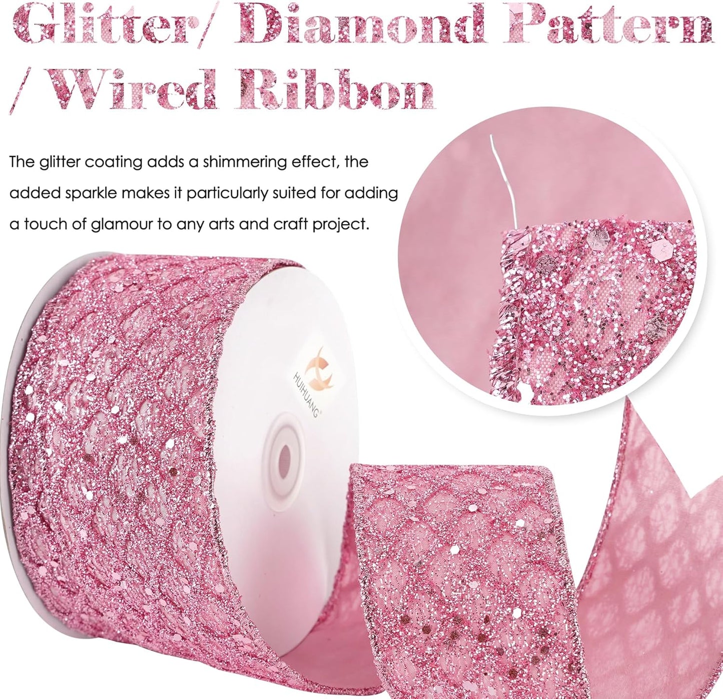 HUIHUANG Pink Glitter Wired Ribbon for Christmas Tree 2.5 inch Light Pink Diamond Mesh Wire Ribbon for Tree Decoration, Wreaths, Garland, Gift Wrapping, Bows Making, Home Decor -10 Yards