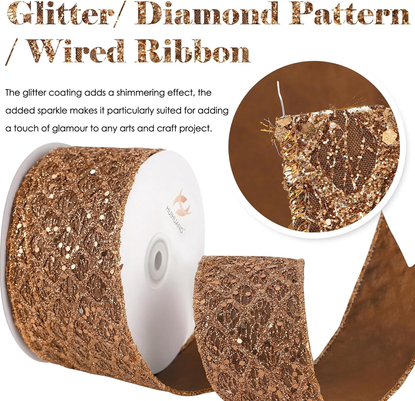 HUIHUANG Glitter Copper Wired Ribbon 2.5 inch Copper Diamond Mesh Wire Edge Ribbon for Christmas Tree, Thanksgiving Fall Decor, Wreaths, Garland, Gift Wrapping, Bows Making -10 Yards